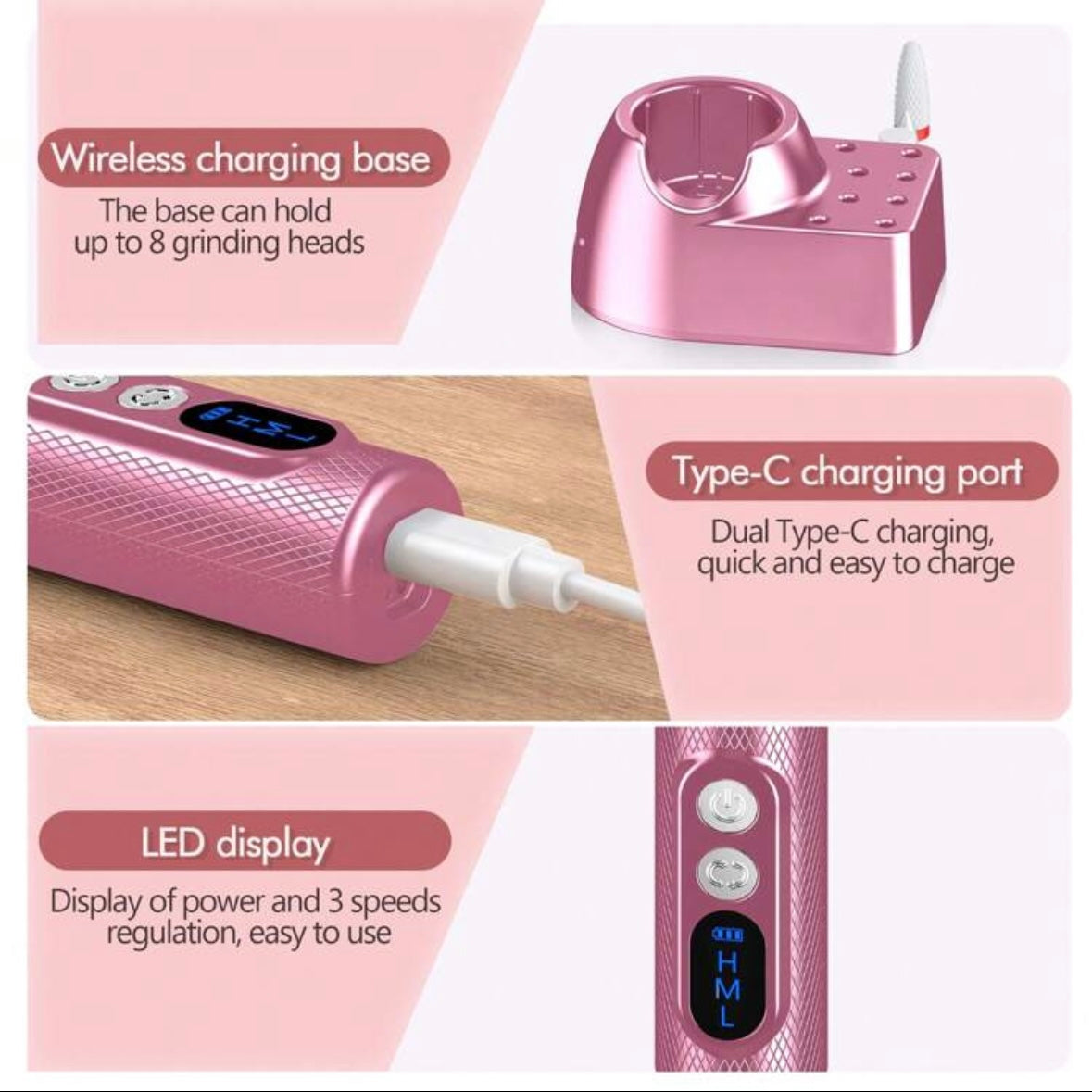 Pink Cordless Electric Nail Drill Rechargeable 30000 RPM