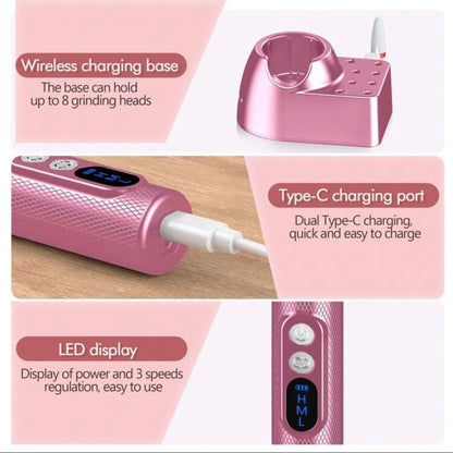 Pink Cordless Electric Nail Drill Rechargeable 30000 RPM